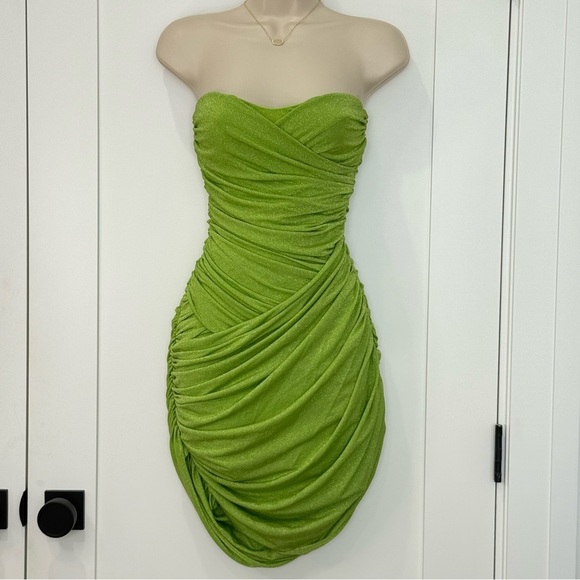 Baobab Irene Mini Dress Strapless Draped Green Shimmer Small Bodycon Chic Party - Picture 4 of 13